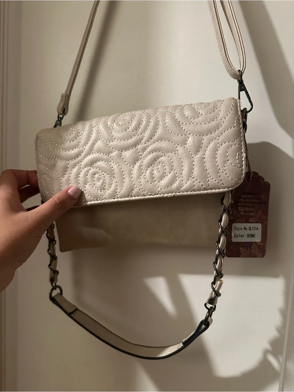 Quilted Floral-Flap Crossbody Bag in Light Beige